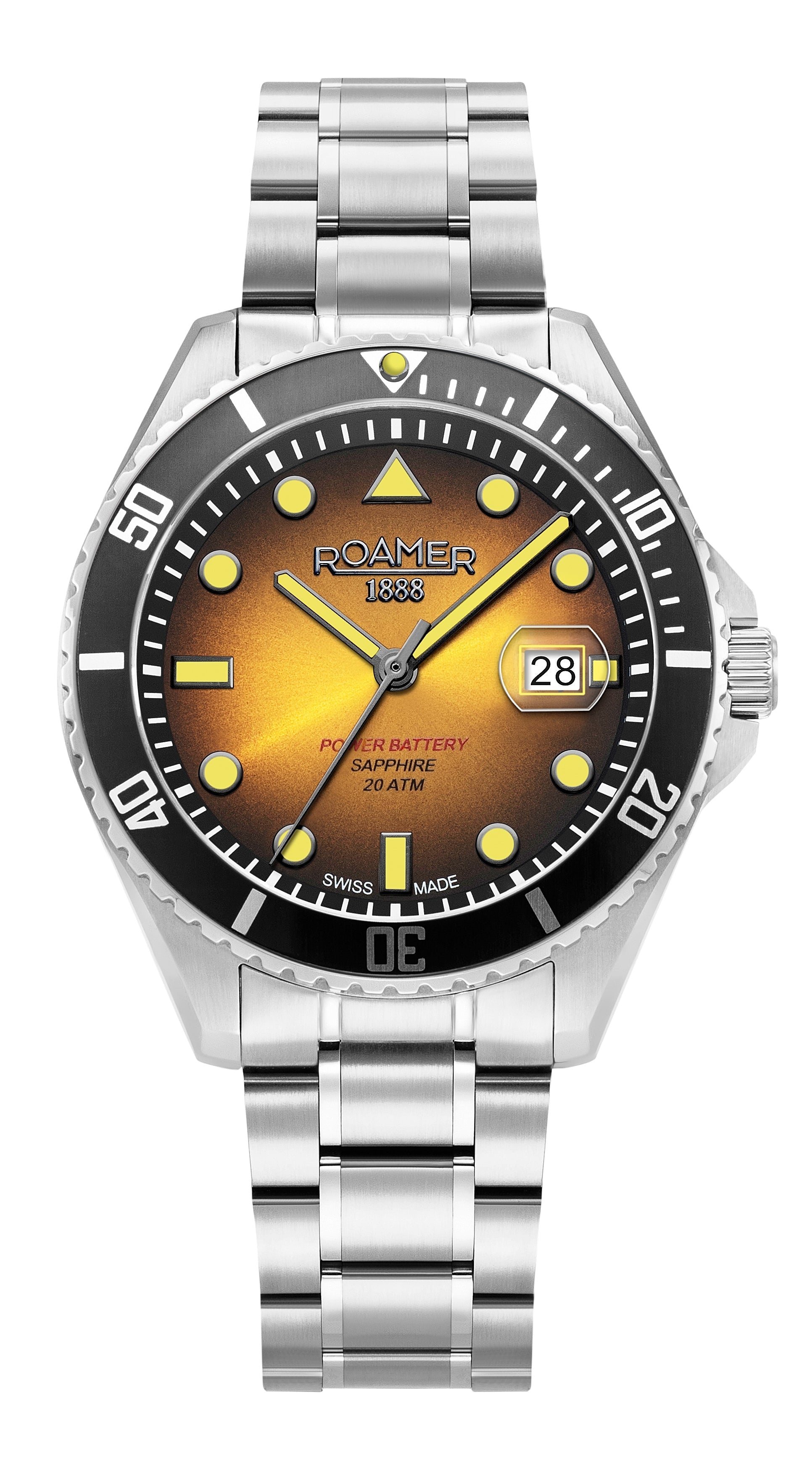 Pro Diver 200 43 mm Quartz Three-Hand Date Yellow Gradient Dial Silver Bracelet Sapphire glass Stainless Steel swiss watch