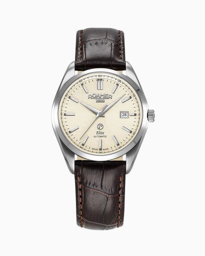 Elite 42mm Automatic Three-Hand Date Beige Dial Silver Bracelet Leather Strap Set Sapphire glass Stainless Steel swiss watch