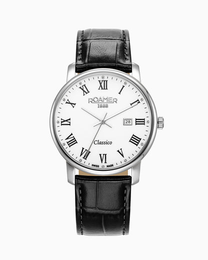 Classico Gents 40 mm Quartz Three-Hand Date Black Leather Strap Sapphire glass Stainless Steel swiss watch