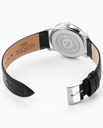 Classico Gents 40 mm Quartz Three-Hand Date Black Leather Strap Sapphire glass Stainless Steel swiss watch