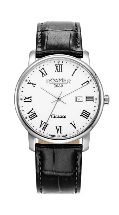 Classico Gents 40 mm Quartz Three-Hand Date Black Leather Strap Sapphire glass Stainless Steel swiss watch