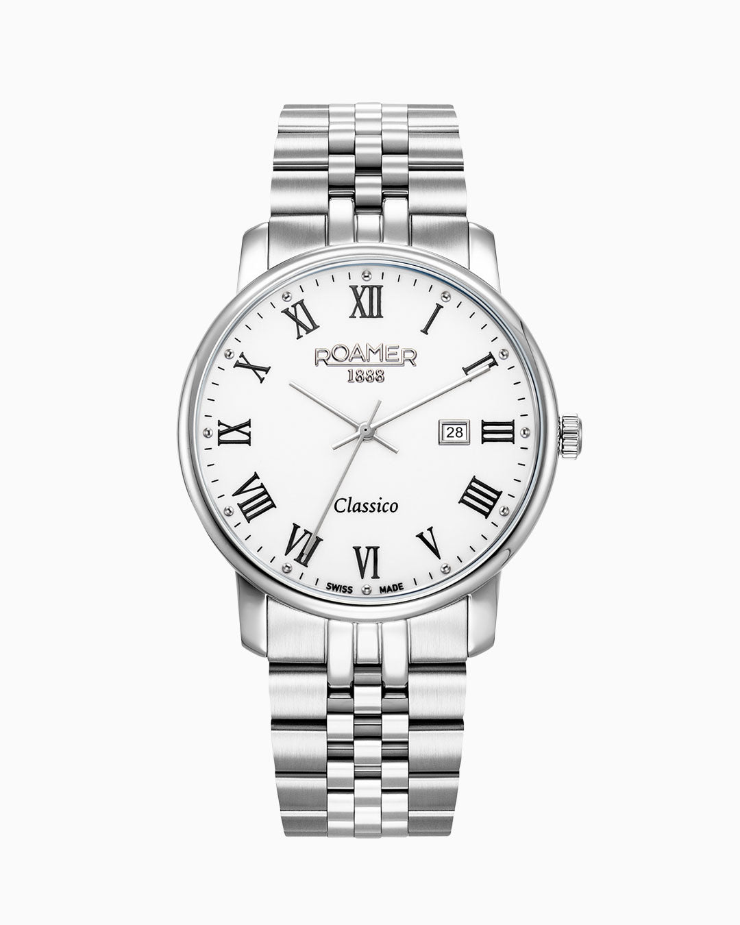 Classico Gents 40 mm Quartz Three-Hand Date White Dial Silver Bracelet Sapphire glass Stainless Steel swiss watch