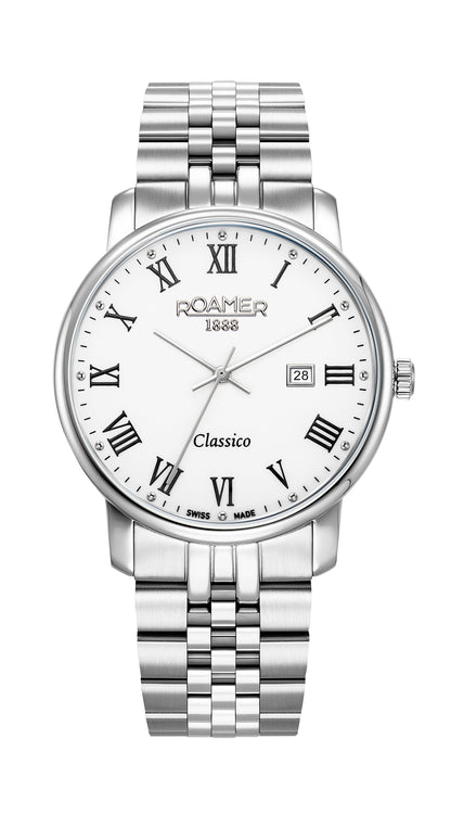Classico Gents 40 mm Quartz Three-Hand Date White Dial Silver Bracelet Sapphire glass Stainless Steel swiss watch