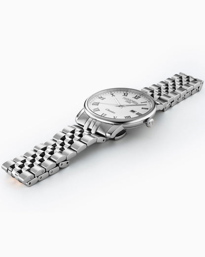 Classico Gents 40 mm Quartz Three-Hand Date White Dial Silver Bracelet Sapphire glass Stainless Steel swiss watch