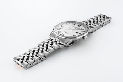 Classico Gents 40 mm Quartz Three-Hand Date White Dial Silver Bracelet Sapphire glass Stainless Steel swiss watch