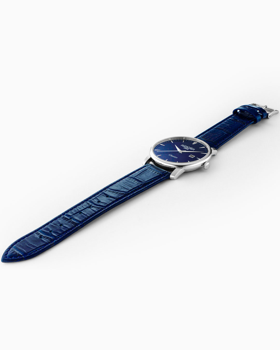 Classico Gents 40 mm Quartz Three-Hand Date Blue Leather Strap Sapphire glass Stainless Steel swiss watch