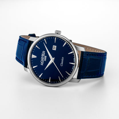 Classico Gents 40 mm Quartz Three-Hand Date Blue Leather Strap Sapphire glass Stainless Steel swiss watch