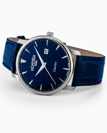 Classico Gents 40 mm Quartz Three-Hand Date Blue Leather Strap Sapphire glass Stainless Steel swiss watch