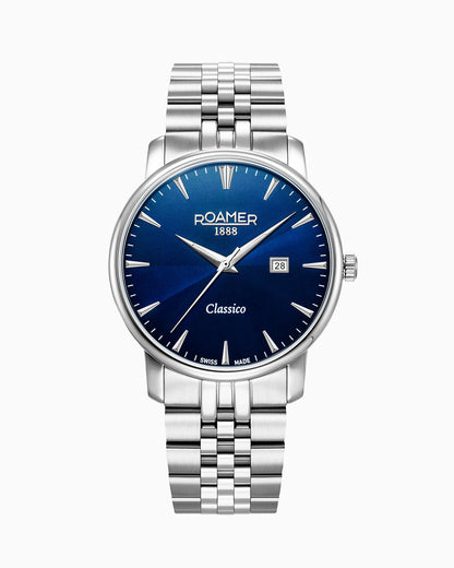 Classico Gents 40 mm Quartz Three-Hand Date Blue Sunray Dial Silver Bracelet Sapphire glass Stainless Steel swiss watch