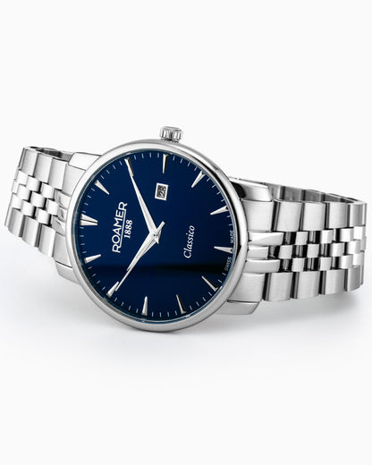 Classico Gents 40 mm Quartz Three-Hand Date Blue Sunray Dial Silver Bracelet Sapphire glass Stainless Steel swiss watch