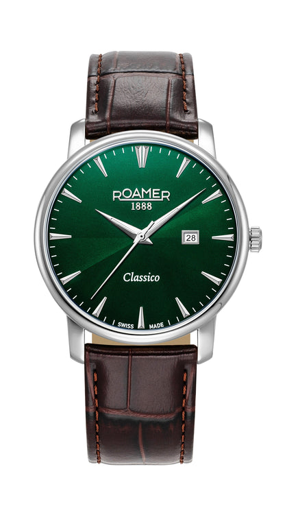 Classico Gents 40 mm Quartz Three-Hand Date Green Sunray Dial Brown Leather Strap Sapphire glass Stainless Steel swiss watch