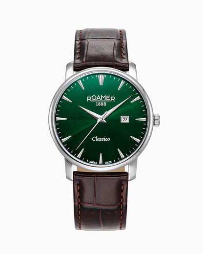 Classico Gents 40 mm Quartz Three-Hand Date Green Sunray Dial Brown Leather Strap Sapphire glass Stainless Steel swiss watch