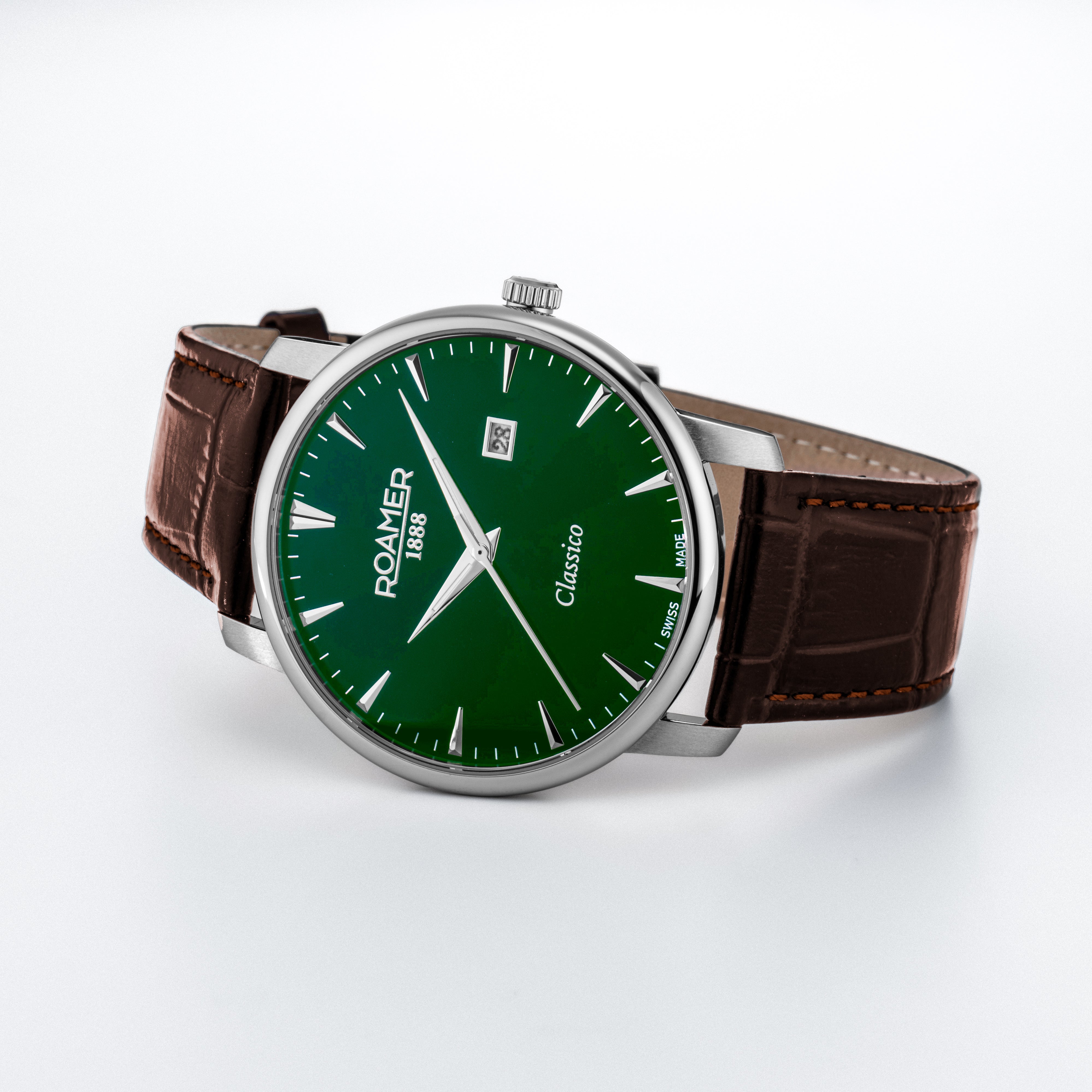 Classico Gents 40 mm Quartz Three-Hand Date Green Sunray Dial Brown Leather Strap Sapphire glass Stainless Steel swiss watch
