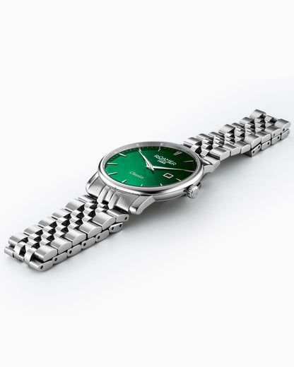 Classico Gents 40 mm Quartz Three-Hand Date Green Sunray Dial Silver Bracelet Sapphire glass Stainless Steel swiss watch