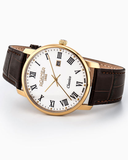 Classico Gents 40 mm Quartz Three-Hand Date White Dial Brown Leather Strap Sapphire glass Stainless Steel swiss watch
