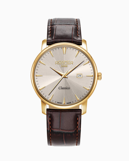 Classico Gents 40 mm Quartz Three-Hand Date Grey Sunray Dial Brown Leather Strap Sapphire glass Stainless Steel swiss watch