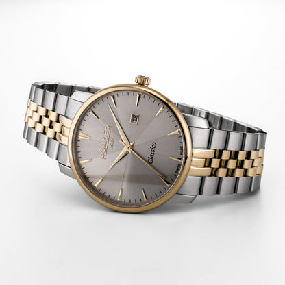 Classico Gents 40 mm Quartz Three-Hand Date Grey Sunray Dial Two-Tone Bracelet Sapphire glass Stainless Steel swiss watch
