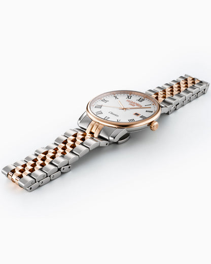 Classico Gents 40 mm Quartz Three-Hand White Dial  Date White Dial RoseGold-Silver Tone Bracelet Sapphire glass Stainless Steel swiss watch