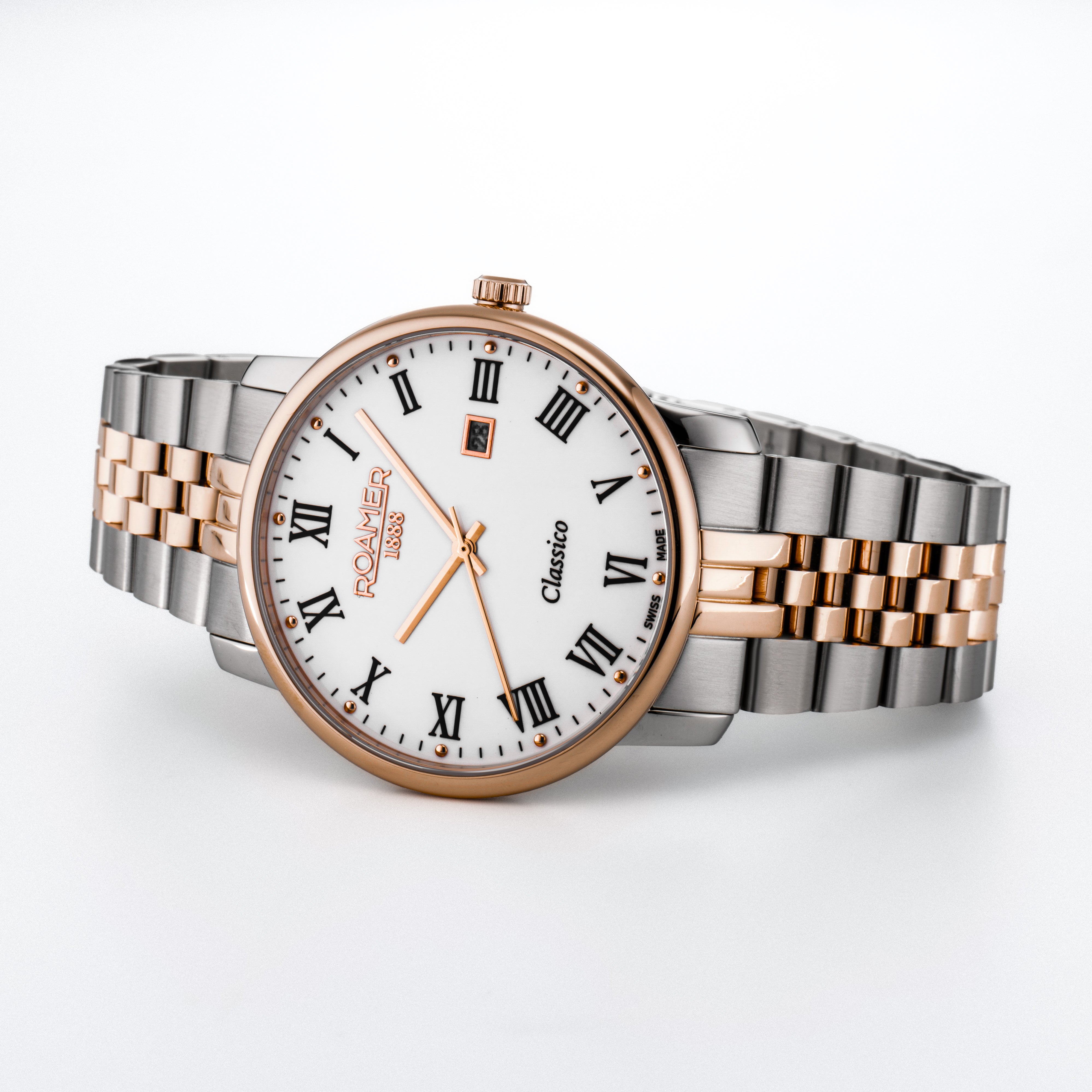 Classico Gents 40 mm Quartz Three-Hand White Dial  Date White Dial RoseGold-Silver Tone Bracelet Sapphire glass Stainless Steel swiss watch