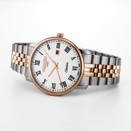 Classico Gents 40 mm Quartz Three-Hand White Dial  Date White Dial RoseGold-Silver Tone Bracelet Sapphire glass Stainless Steel swiss watch