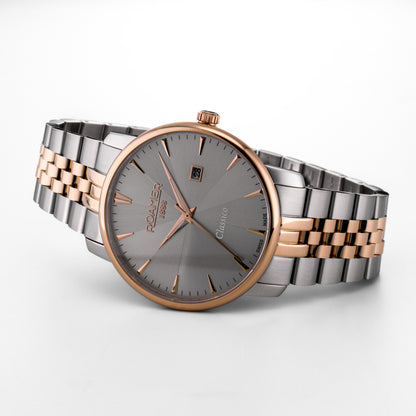 Classico Gents 40 mm Quartz Three-Hand Date Grey Sunray Dial Two-Tone Bracelet Sapphire glass Stainless Steel swiss watch