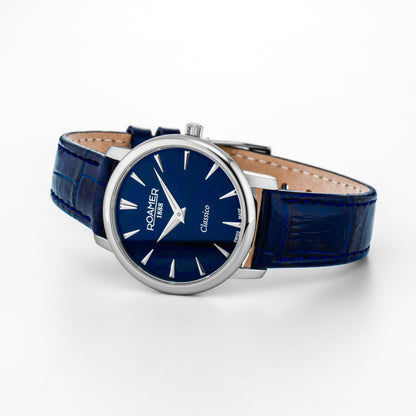 Classico Ladies 30mm Quartz Two-Hand Blue Leather Strap Sapphire glass Stainless Steel swiss watch