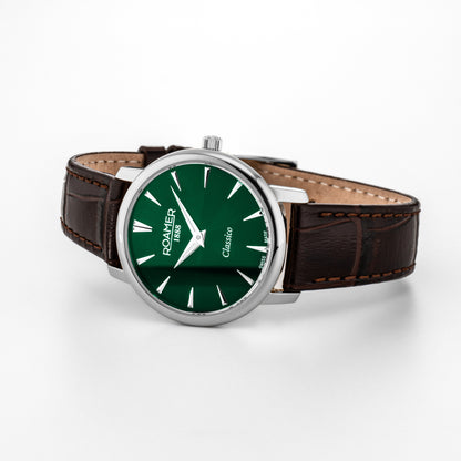 Classico Ladies 30mm Quartz Two-Hand Green Sunray Dial  Brown Leather Strap Sapphire glass Stainless Steel swiss watch