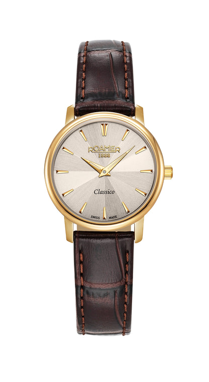 Classico Ladies 30mm Quartz Two-Hand Grey Sunray Dial  Brown Leather Strap Sapphire glass Stainless Steel swiss watch
