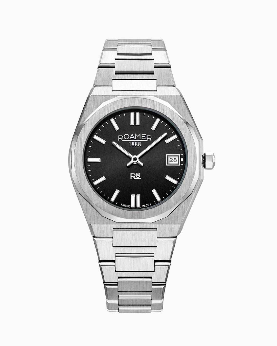 R8 Ladies 32.5mm Quartz Two-Hand Date Black Sunray Dial Silver Bracelet Sapphire glass Stainless Steel swiss watch