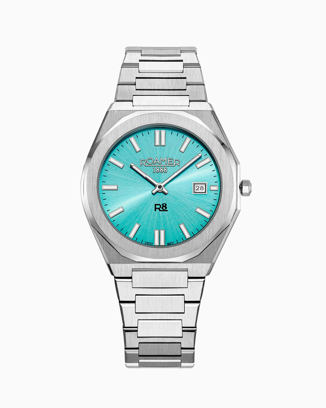 R8 Gents 41mm Quartz Three-Hand Date Light Blue Dial Silver Bracelet Sapphire glass Stainless Steel swiss watch