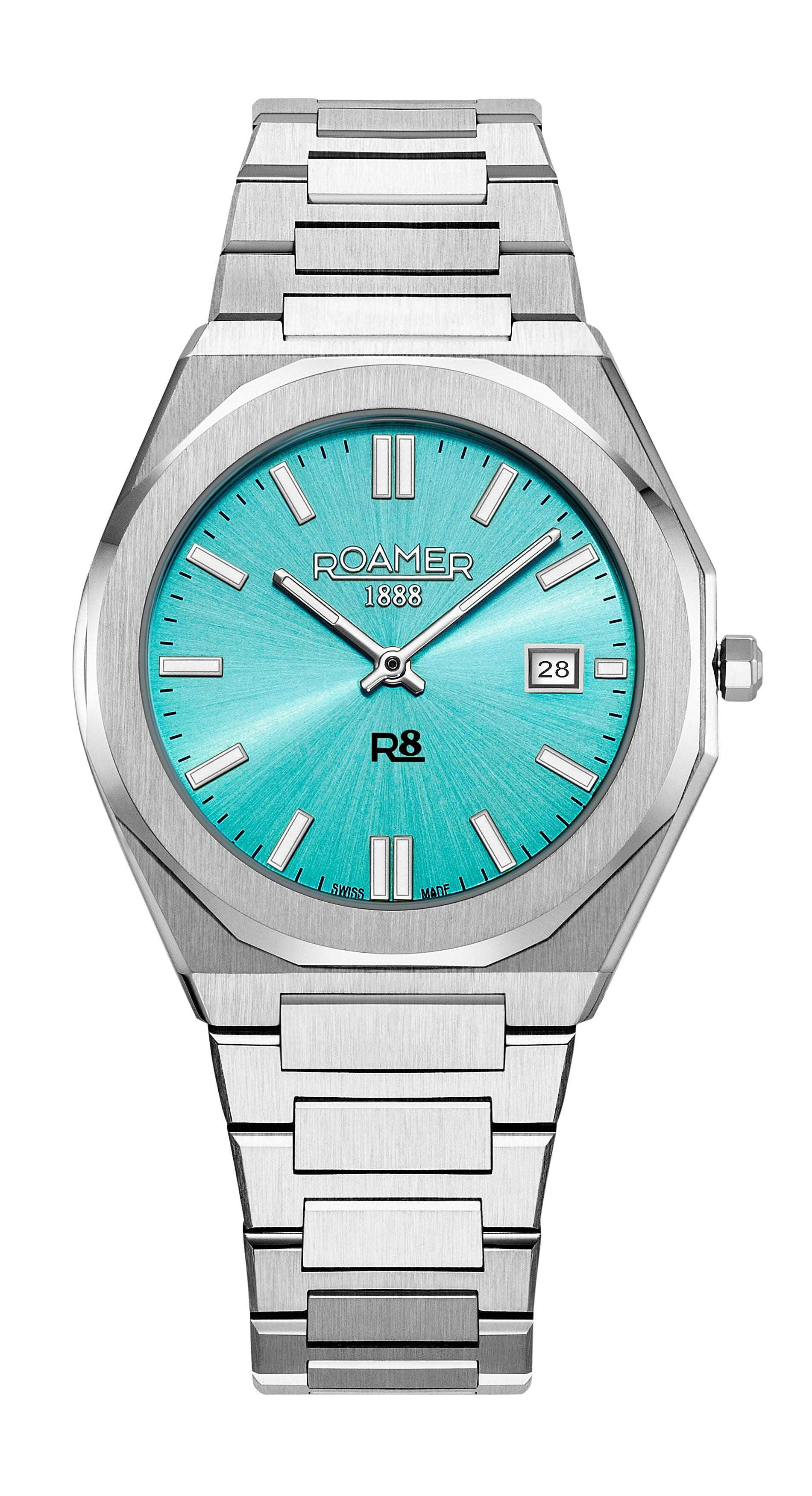 R8 Gents 41 mm Quartz Three-Hand Date Light Blue Dial Silver Bracelet Sapphire glass Stainless Steel swiss watch