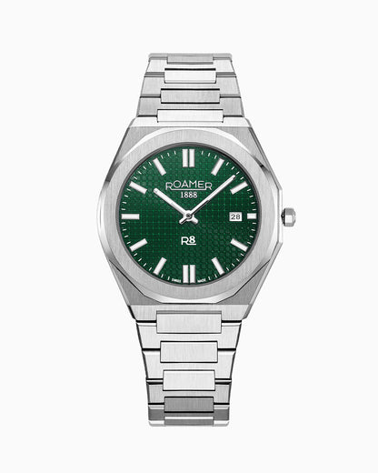 R8 Gents 41 mm Quartz Three Hand Date Green Dial Silver Bracelet Sapphire glass Stainless Steel swiss watch