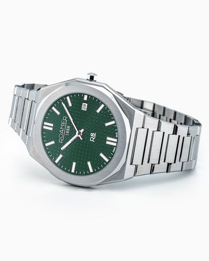 R8 Gents 41 mm Quartz Three Hand Date Green Dial Silver Bracelet Sapphire glass Stainless Steel swiss watch