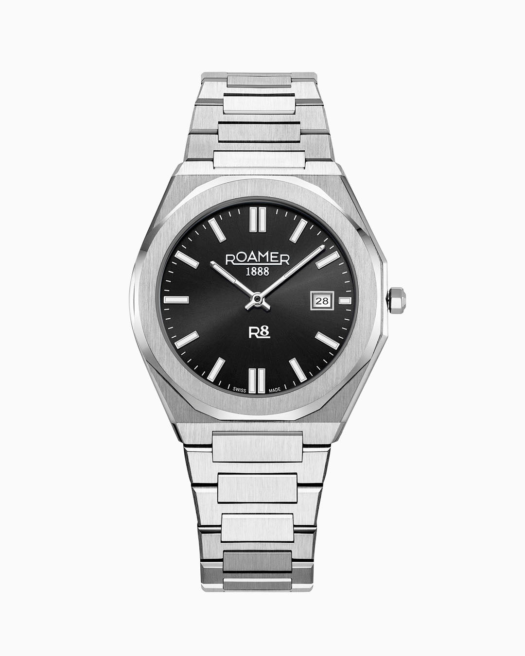 R8 Gents 41 mm Quartz Three-Hand Date Black Sunray Dial Silver Bracelet Sapphire glass Stainless Steel swiss watch