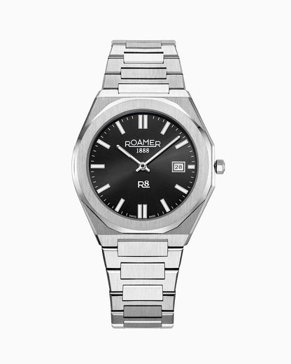 R8 Gents 41 mm Quartz Three-Hand Date Black Sunray Dial Silver Bracelet Sapphire glass Stainless Steel swiss watch