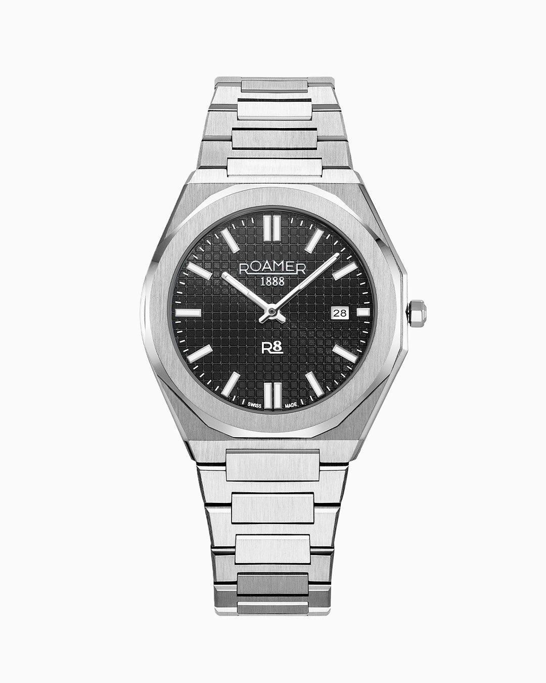 R8 Gents 41 mm Quartz Three Hand Date Black Dial Silver Bracelet Sapphire glass Stainless Steel swiss watch