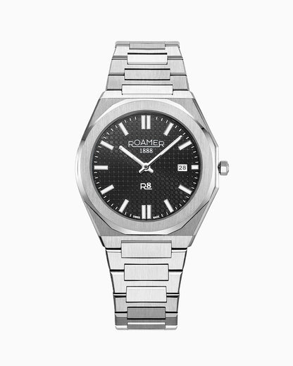 R8 Gents 41 mm Quartz Three Hand Date Black Dial Silver Bracelet Sapphire glass Stainless Steel swiss watch