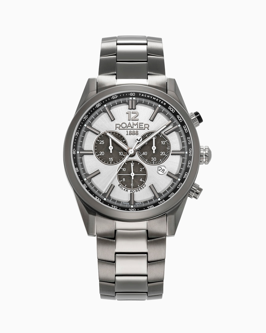 Helios Power 43.5mm Solar powered Chronograph Date Gun color Bracelet Sapphire glass Stainless Steel swiss watch