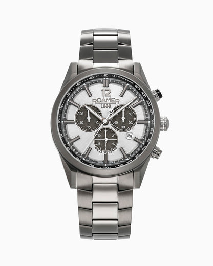 Helios Power 43.5mm Solar powered Chronograph Date Gun color Bracelet Sapphire glass Stainless Steel swiss watch