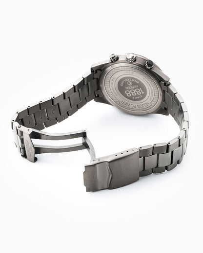 Helios Power 43.5mm Solar powered Chronograph Date Silver dial Gun color Bracelet Sapphire glass Stainless Steel swiss watch