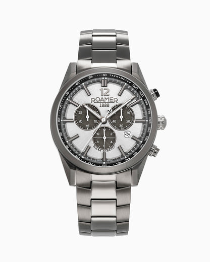 Helios Power 43.5mm Solar powered Chronograph Date Silver dial Gun color Bracelet Sapphire glass Stainless Steel swiss watch