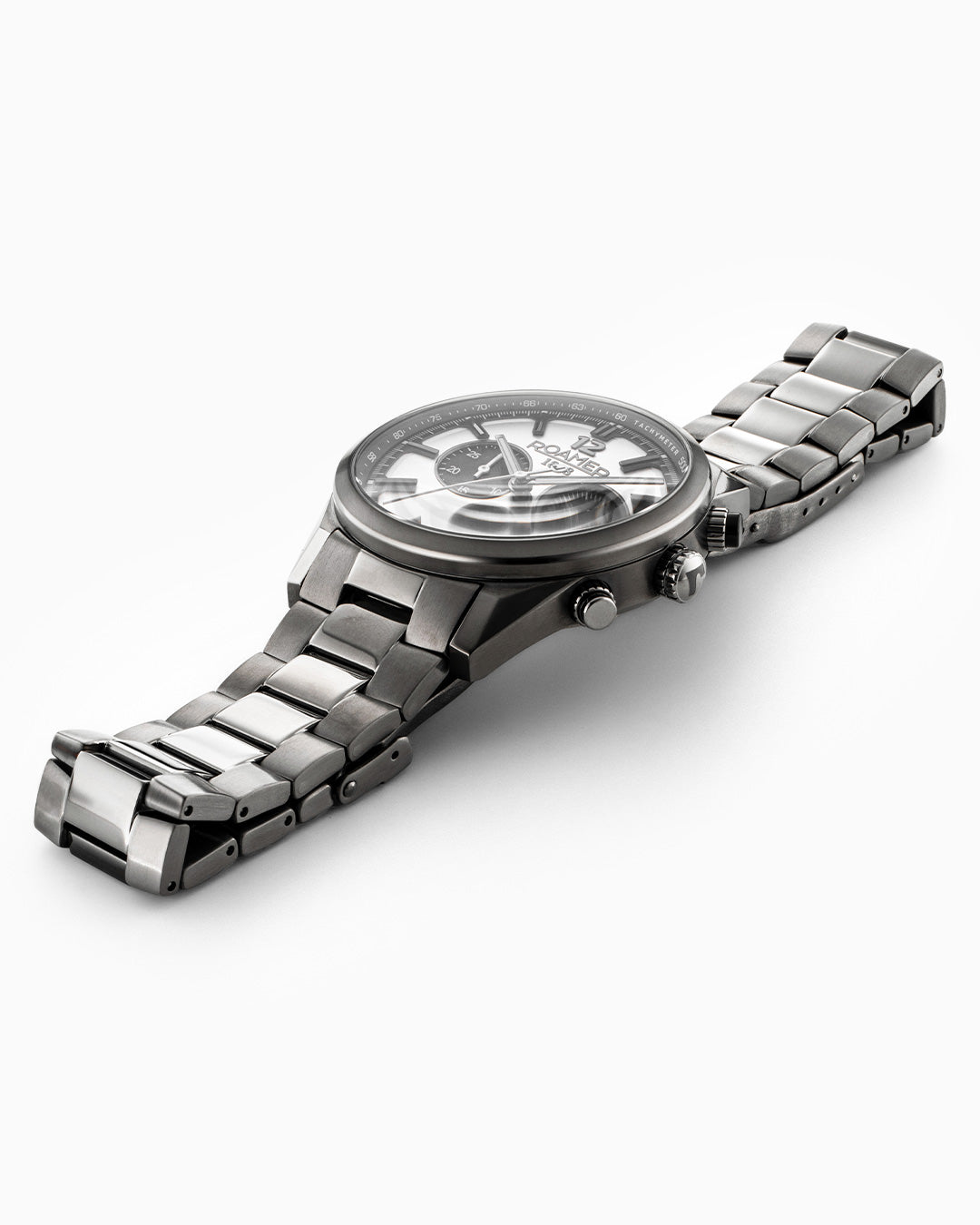 Helios Power 43.5mm Solar powered Chronograph Date Silver dial Gun color Bracelet Sapphire glass Stainless Steel swiss watch
