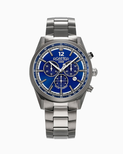 Helios Power 43.5mm Solar powered Chronograph Date Blue Sunray Dial Gun color Bracelet Sapphire glass Stainless Steel swiss watch