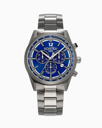 Helios Power 43.5mm Solar powered Chronograph Date Gun color Bracelet Sapphire glass Stainless Steel swiss watch