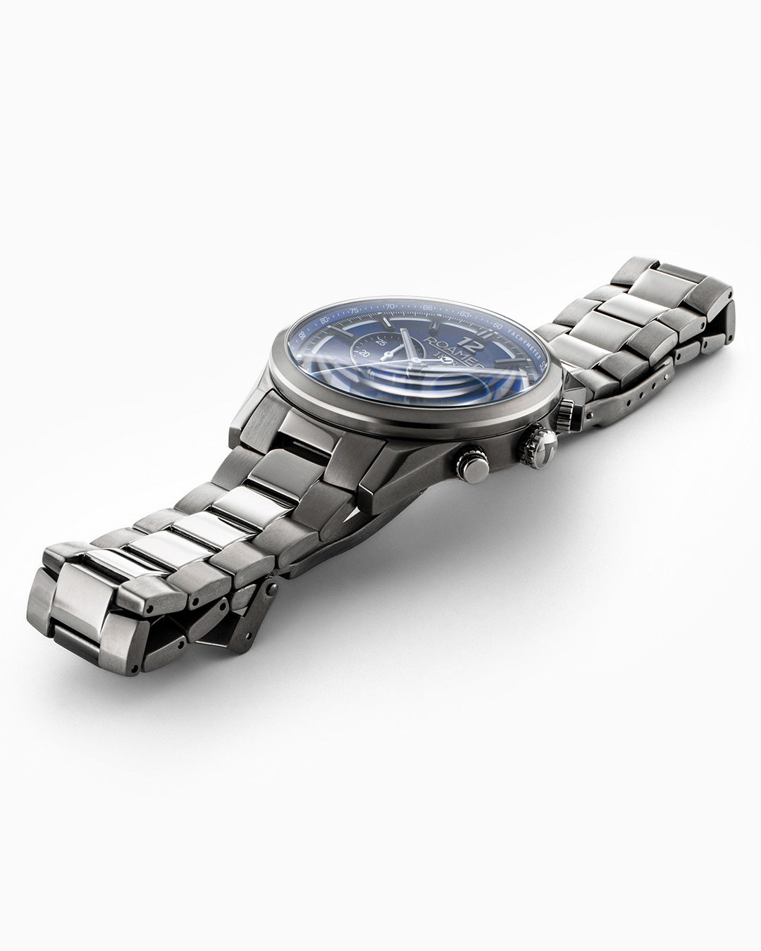 Helios Power 43.5mm Solar powered Chronograph Date Blue Sunray Dial Gun color Bracelet Sapphire glass Stainless Steel swiss watch