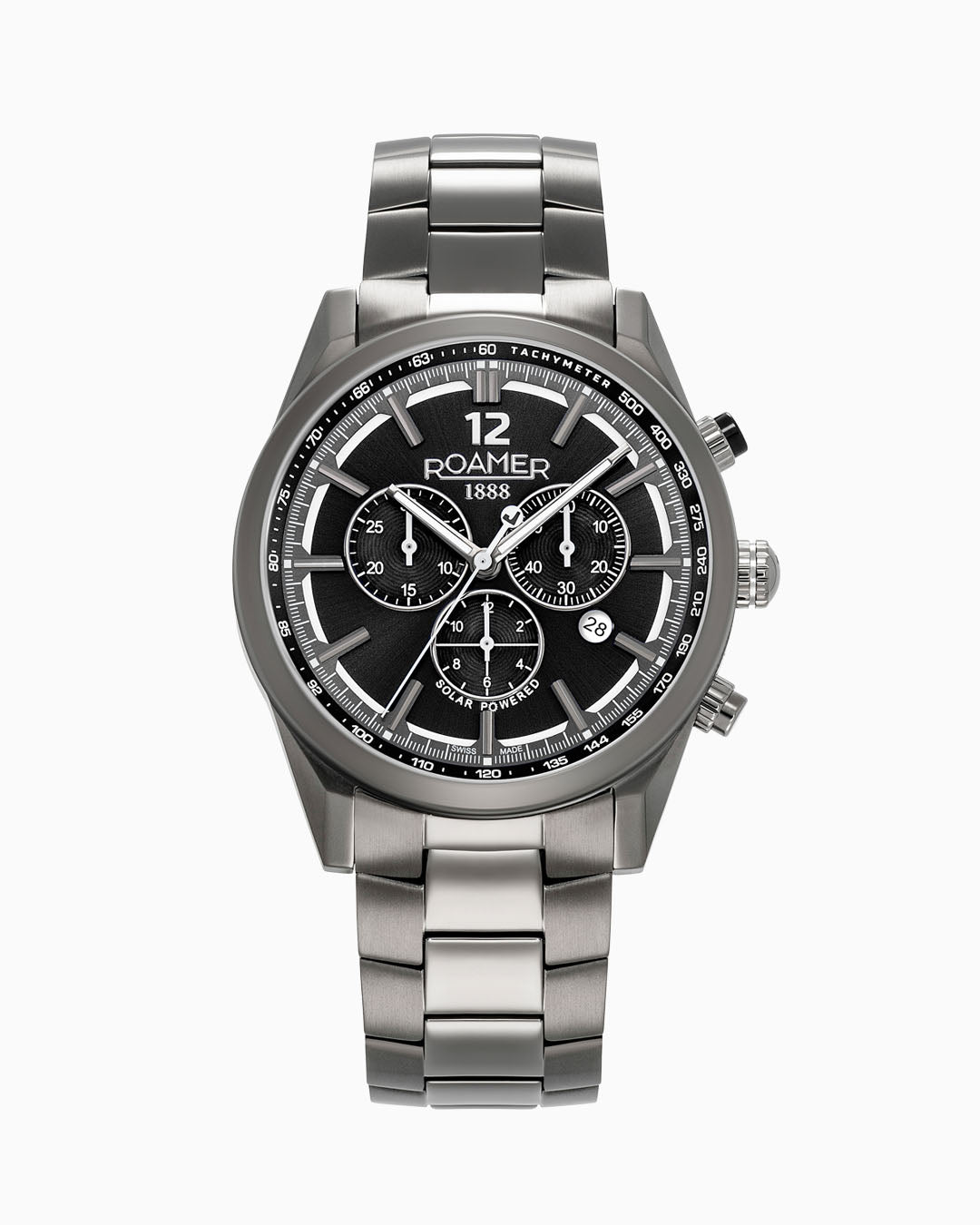 Helios Power 43.5mm Solar powered Chronograph Date Gun color Bracelet Sapphire glass Stainless Steel swiss watch