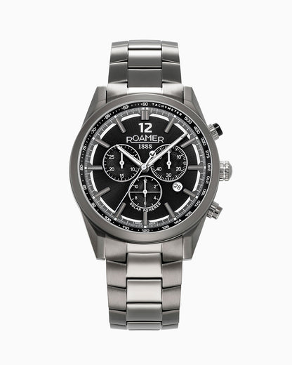 Helios Power 43.5mm Solar powered Chronograph Date Gun color Bracelet Sapphire glass Stainless Steel swiss watch