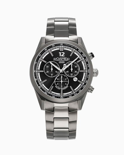 Helios Power 43.5mm Solar Powered Chronograph Date Black Sunray Gun Color Bracelet Sapphire Glass Titanium Swiss Watch