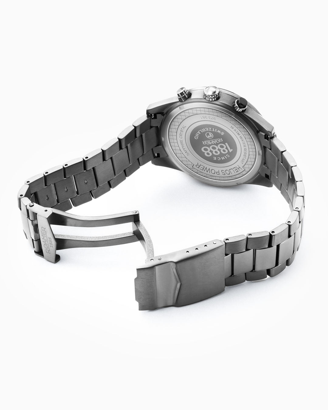 Helios Power 43.5mm Solar powered Chronograph Date Gun color Bracelet Sapphire glass Stainless Steel swiss watch