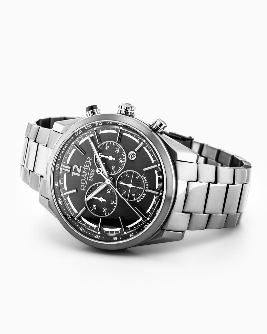 Helios Power 43.5mm Solar powered Chronograph Date Gun color Bracelet Sapphire glass Stainless Steel swiss watch